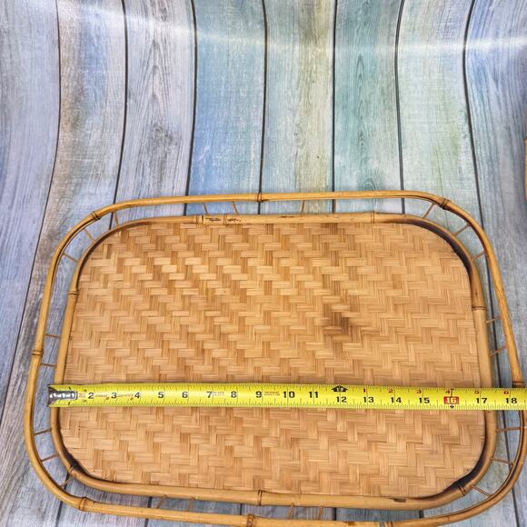 MCM Wicker Rattan Bamboo Serving Tray Set of 4 Tiki Tropical Beach Lap Vintage - Picture 6 of 8